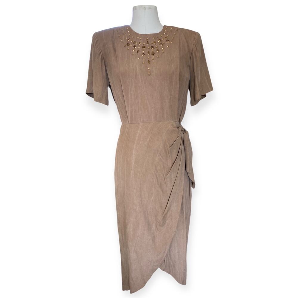 Vintage 80's Dress Metal Beaded Studded Wrap Skirt Tulip Hem Tan NWT size 11/12 - Picture 2 of 11